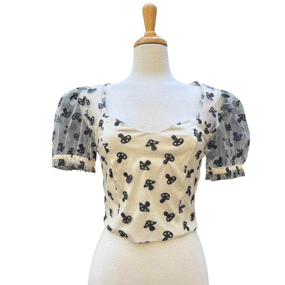 Hot Topic Shirt Md Cream Glitter Mushrooms Cropped Sheer Puff Sleeve Whimsigoth